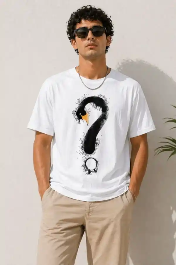 Erkek Kuğu Figürlü Soru İşareti Baskılı Tişört Kısa Kol T-Shirt - Beyaz