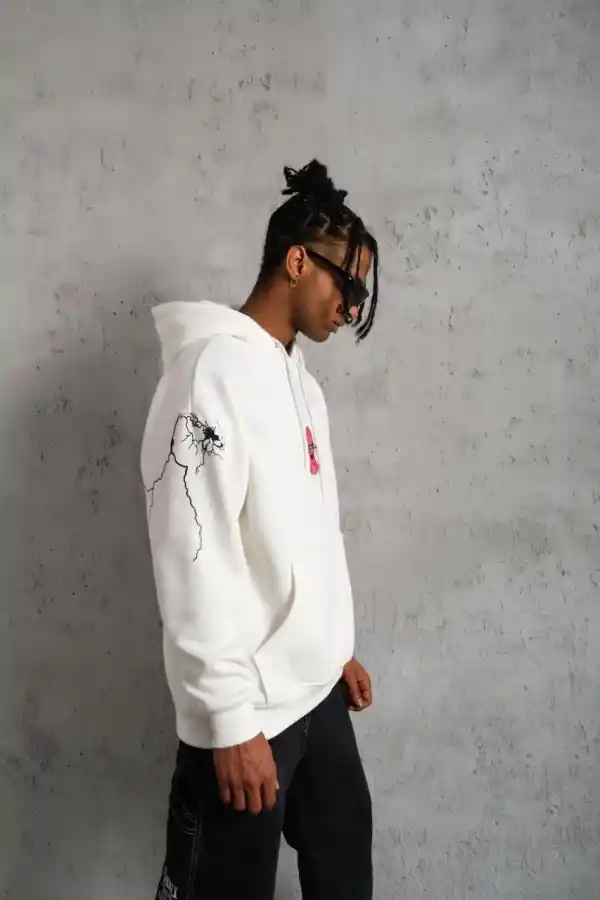 Erkek 3 İplik Pamuklu Kapüşonlu Baskılı Cepli Oversize Sweatshirt Hoodie - Beyaz