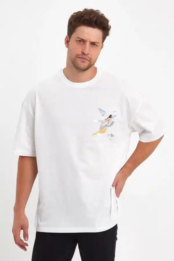 Erkek Kısa Kol Tişört Bisiklet Yaka MELEK Baskılı Oversize T-Shirt - Beyaz