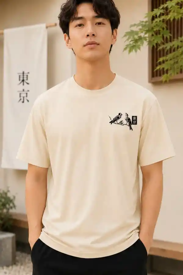 Erkek Ön ve Arka Tokyo Kuş Çiçek Baskılı Oversize T-Shirt - Ekru
