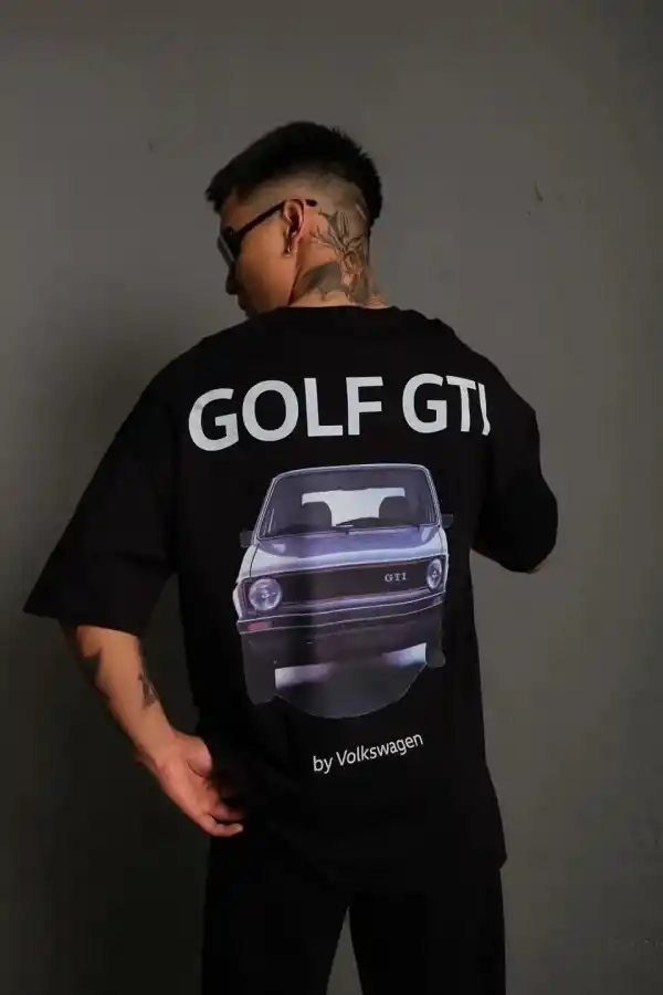 Erkek Oversize Tişört Golf GTI Retro Araba Baskılı T-shirt - Siyah