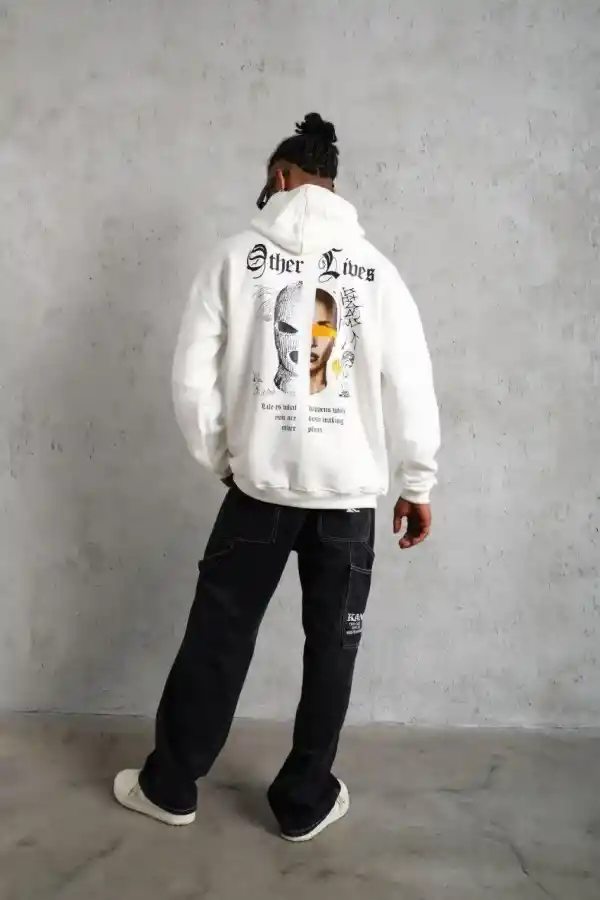 Erkek Kapüşonlu Kanguru Cepli Sweatshirt 3 İplik Pamuklu Baskılı Hoodie - Beyaz