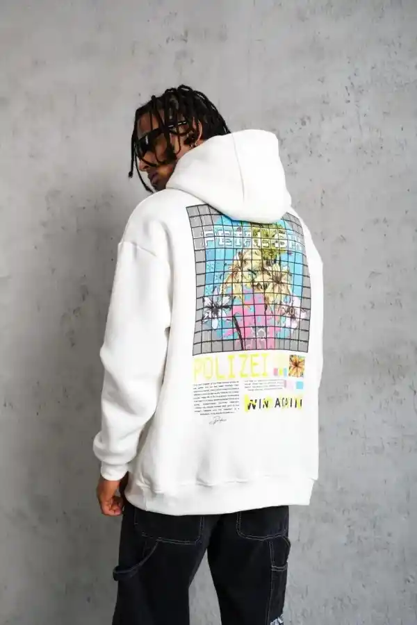 Erkek 3 İplik Pamuklu Kapüşonlu Baskılı Cepli Oversize Sweatshirt Hoodie - Beyaz