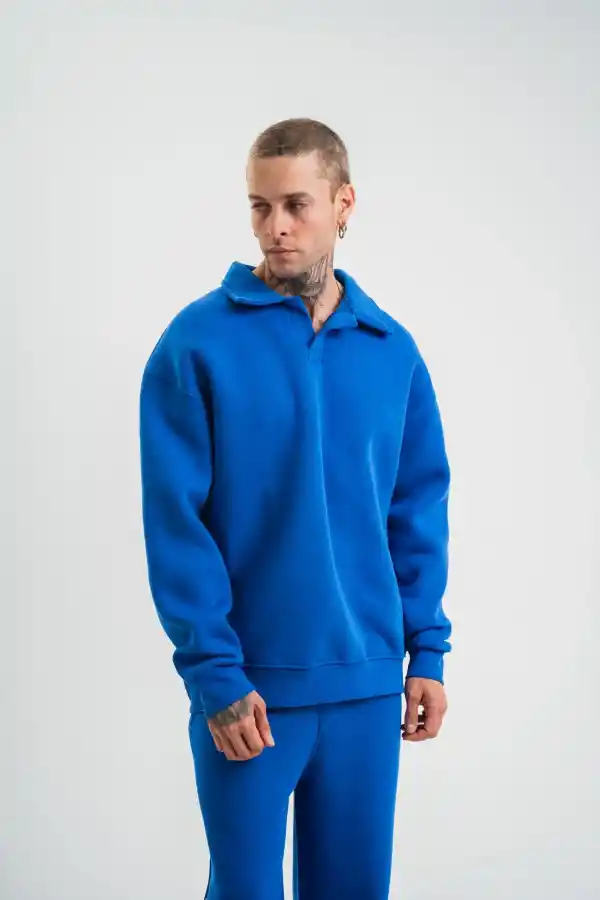 Erkek Açık Yakalı Oversize 3 İplik Pamuklu Sweatshirt - Mavii