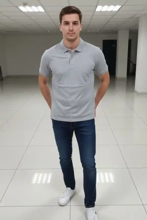 Erkek Polo Yaka Düğmeli Pike Kumaş Tişört Regular Fit Kısa Kol T-Shirt - Gri
