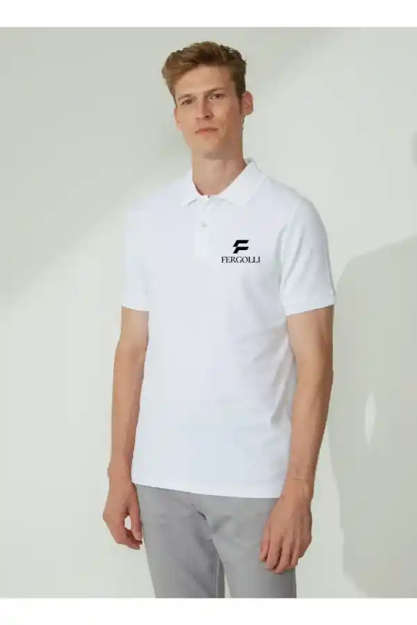 Erkek Pike Polo Yaka Tişört Düğmeli Baskılı T-Shirt - Beyaz