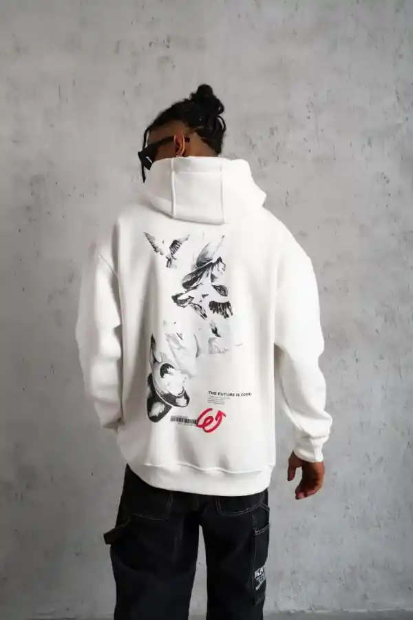 Erkek 3 İplik Pamuklu Kapüşonlu Baskılı Cepli Oversize Sweatshirt Hoodie - Beyaz