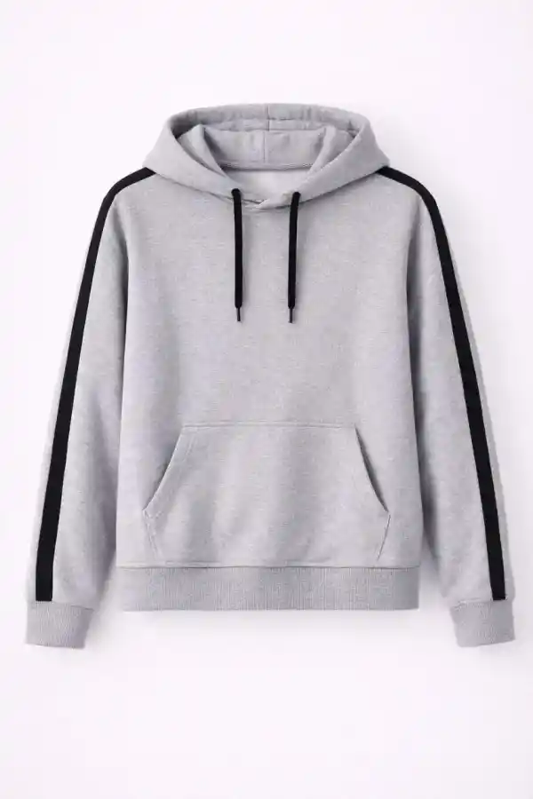 Erkek Şeritli Kapüşonlu Sweatshirt Oversize 3 iplik Pamuklu Hoodie - Gri