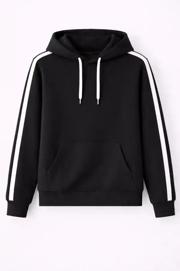 Erkek Şeritli Kapüşonlu Sweatshirt Oversize 3 iplik Pamuklu Hoodei - Siyah