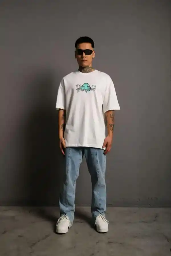 Erkek Kısa Kol Yazlık Tişört Bisiklet Yaka Baskılı Oversize T-Shirt - Beyaz