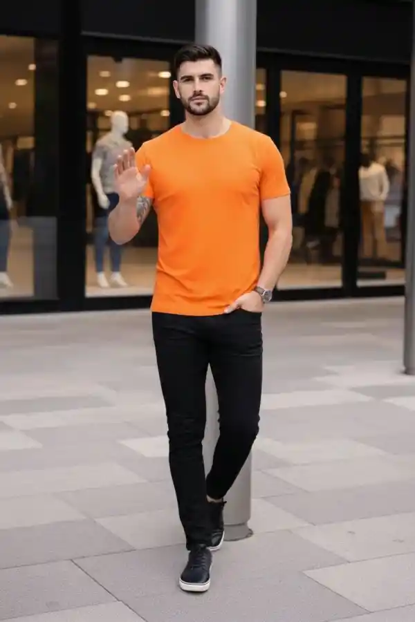 Erkek Body Tişört Bisiklet Yaka Slim Fit Likralı T-Shirt - Turuncu