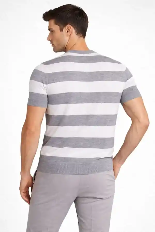 Erkek T-shirt Çizgili Kısa Kol Yazlık Triko Dokuma Bisiklet Yaka Tişört - Gri