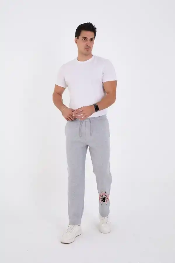 Erkek Üç İplik Baskılı Eşofman Pantolon - Gri