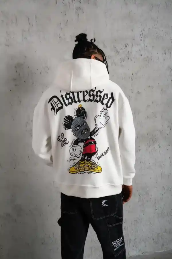 Erkek 3 İplik Pamuklu Kapüşonlu Baskılı Cepli Oversize Sweatshirt Hoodie - Beyaz