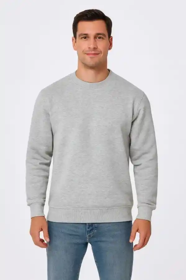 Erkek 3 İplik Pamuklu Düz Bisiklet Yaka SweatShirt - Gri
