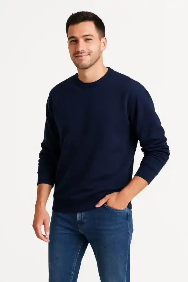 Erkek 3 İplik Pamuklu Düz Bisiklet Yaka SweatShirt - Lacivert