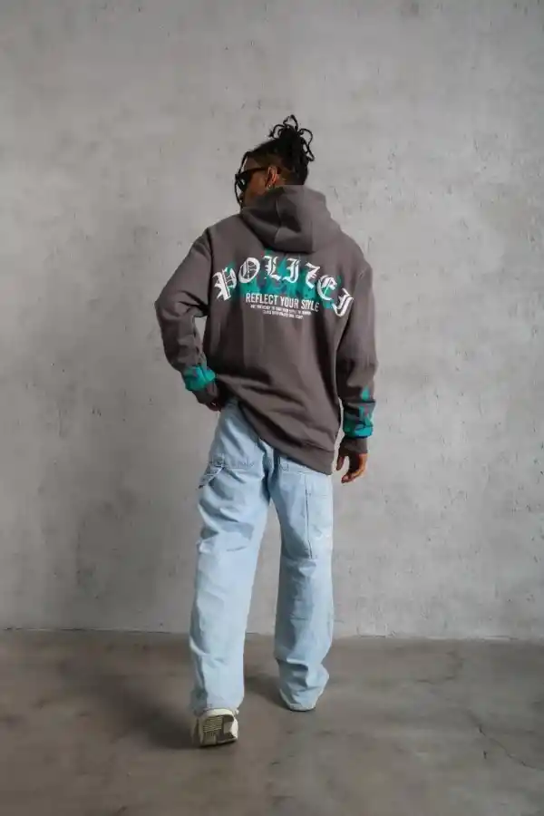 Erkek 3 iplik Pamuklu Alev Baskılı Kapüşonlu hoodie Sweatshirt - Gri