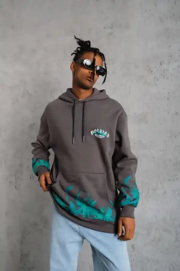 Erkek 3 iplik Pamuklu Alev Baskılı Kapüşonlu hoodie Sweatshirt - Gri
