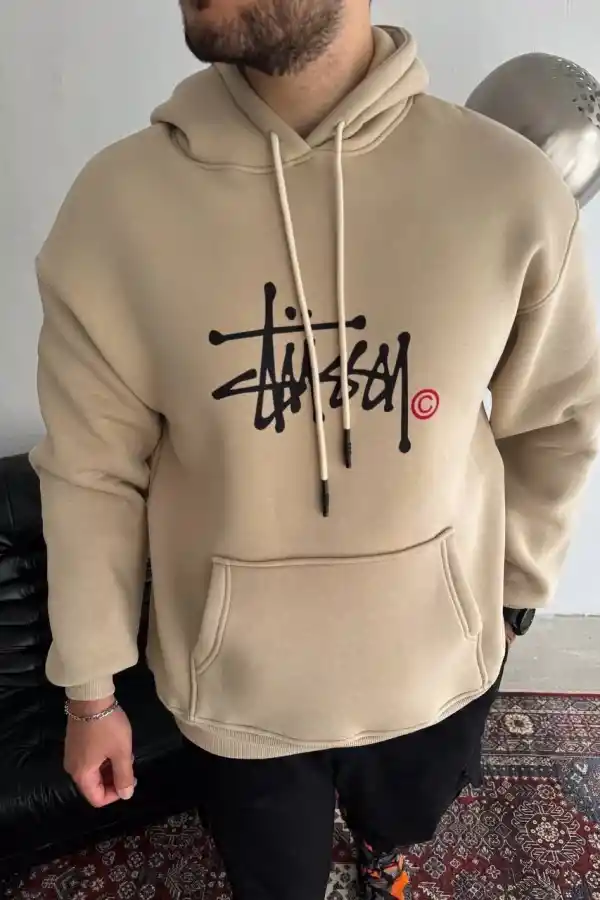 Erkek Üç İplik Kapşonlu Baskılı SweatShirt - Bej