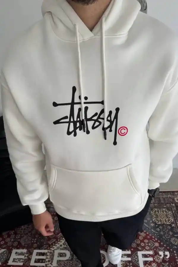 Erkek Üç İplik Kapşonlu Baskılı SweatShirt - Beyaz