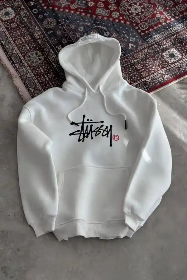 Erkek Üç İplik Kapşonlu Baskılı SweatShirt - Beyaz