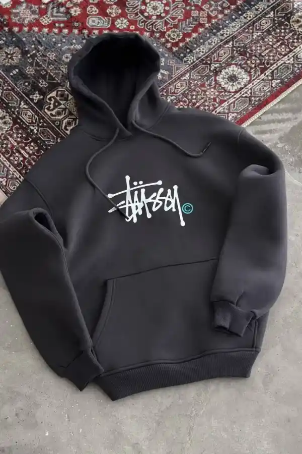 Erkek Üç İplik Kapşonlu Baskılı SweatShirt - Füme