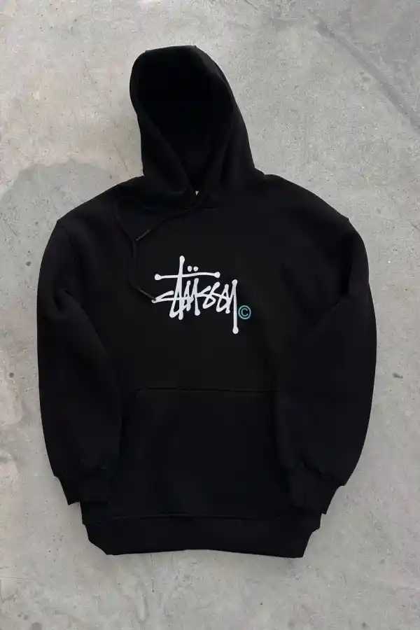 Erkek Üç İplik Kapşonlu Baskılı SweatShirt - Siyah