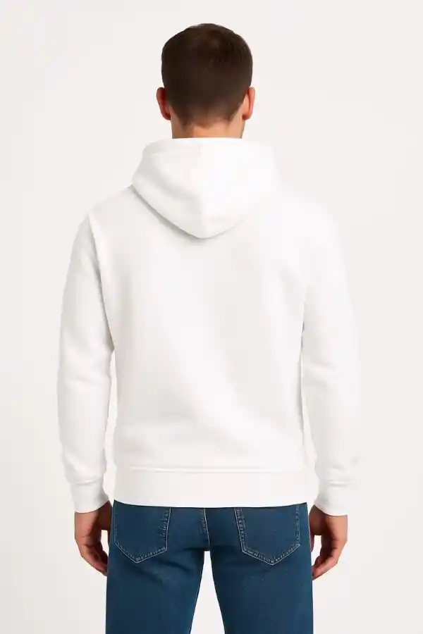Erkek 3 İplik Pamuklu Kapüşonlu Kanguru Cepli SweatShirt hoodie - Beyaz