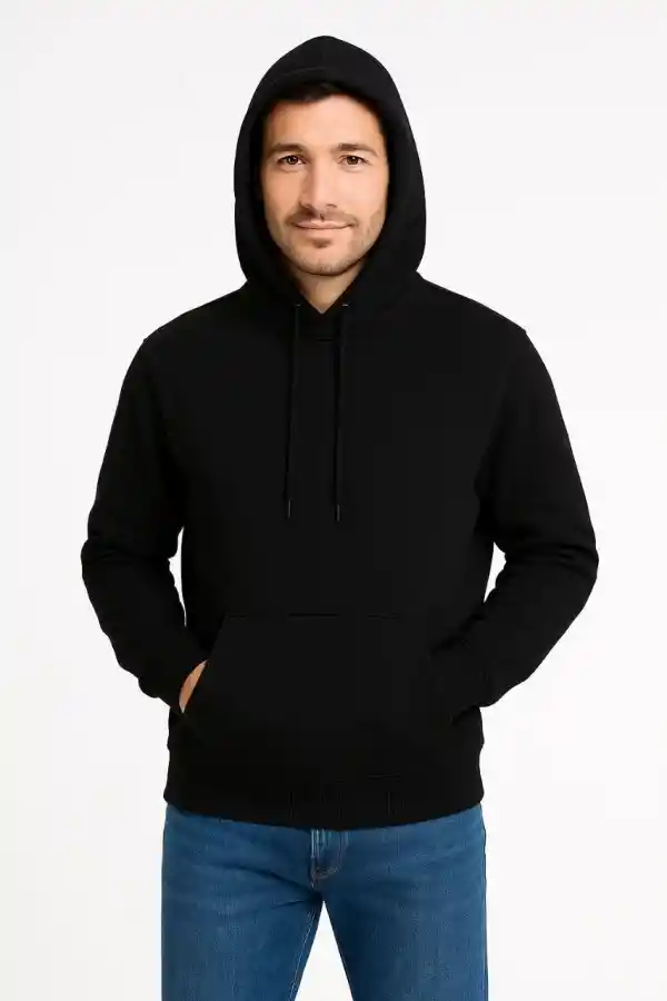 Erkek 3 İplik Pamuklu Kapüşonlu Kanguru Cepli SweatShirt hoodie - Siyah