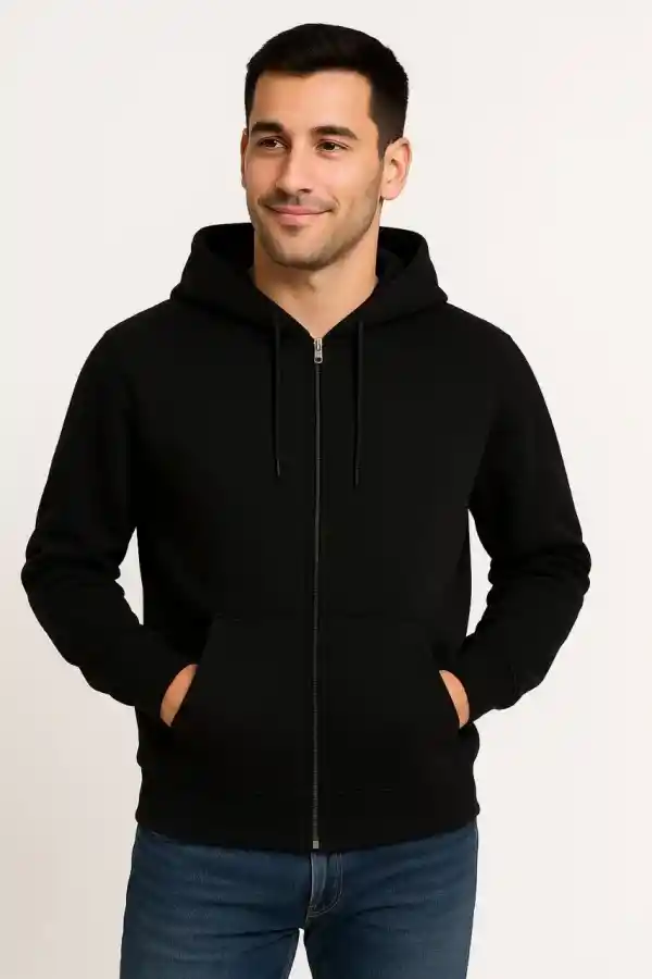 Erkek 3 İplik Pamuklu Kapüşonlu Tam Fermuarlı Cepli Hoodie Sweatshirt - Siyah