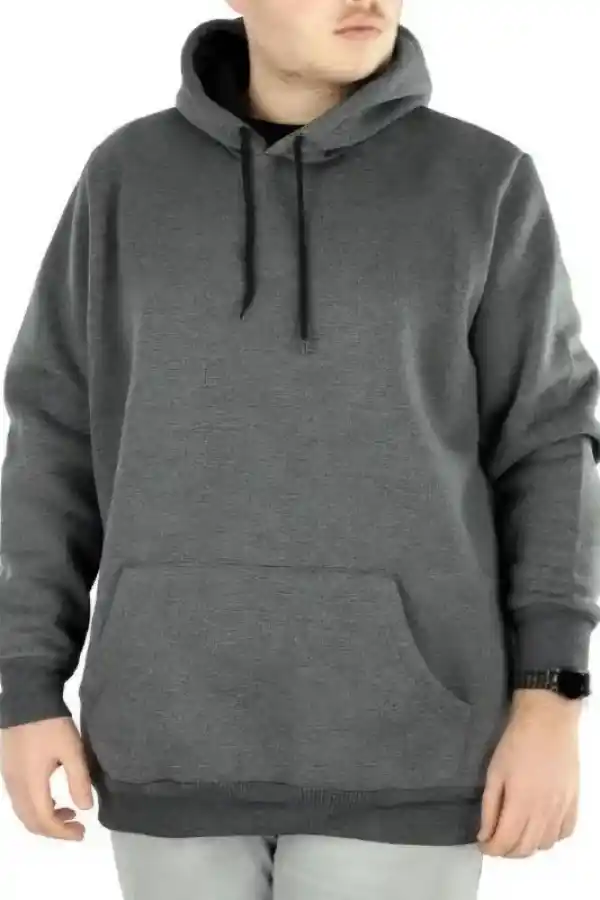 Erkek 3 İplik Pamuklu Kapüşonlu Cepli Oversize Hoodie Sweatshirt - Füme