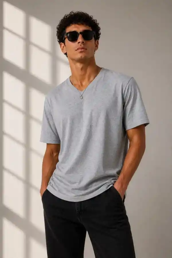 Erkek V Yaka Basic Tişört Kısa Kol Yazlık Regular Fit T-Shirt - Gri