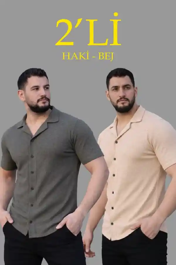 Erkek Waffle Dokuma Kumaş Açık Yakalı Düğmeli Gömlek 2’li Set Haki-Bej