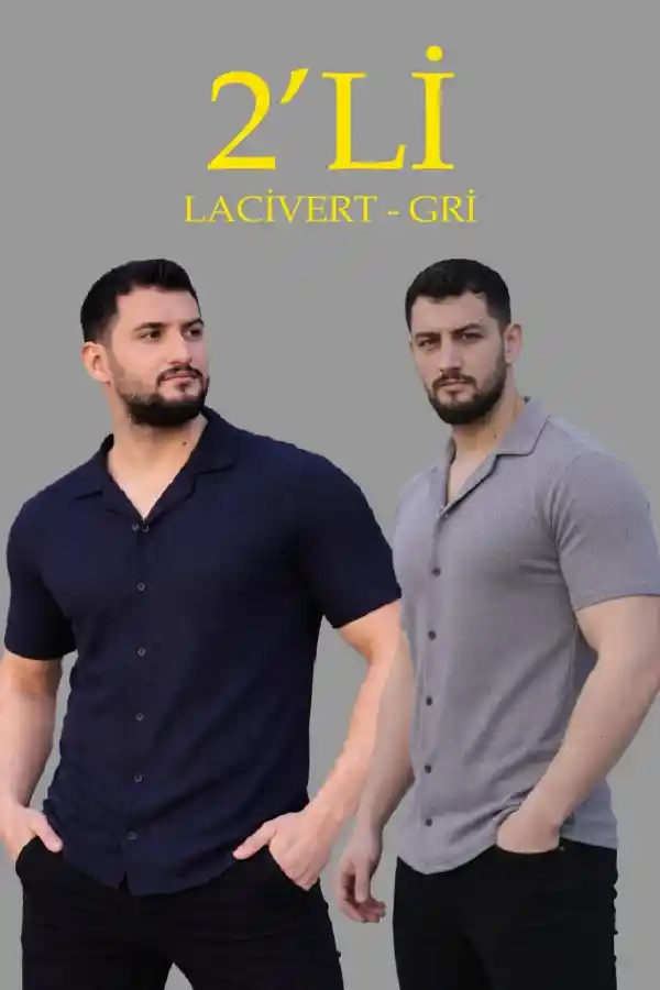 Erkek Waffle Kumaş Açık Yakalı Düğmeli Regular Fit Gömlek 2’li Set Lacivert-Gri