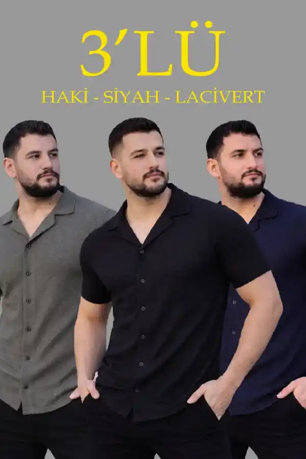 Erkek Waffle Kumaş Yakalı Kısa Kol Düğmeli Gömlek 3’lü Set Siyah-Haki-Lacivert