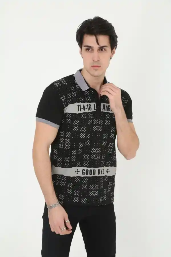 Erkek Polo Yaka tişört Slim Fit Baskılı Kısa kol T-Shirt - Siyah