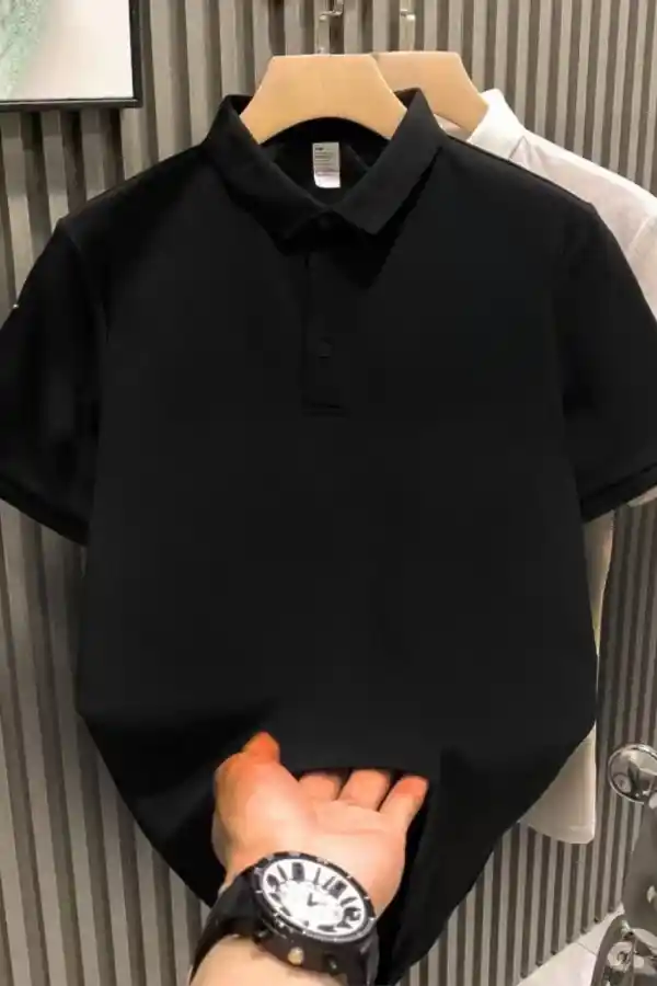 Erkek Polo Yaka Tişört Düğmeli Pike Düz T-Shirt - Siyah