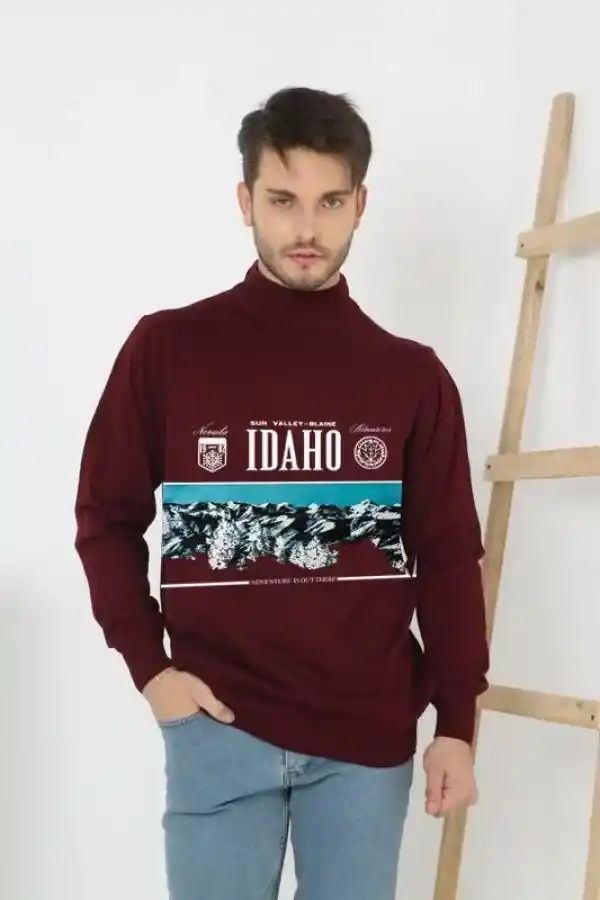 Erkek Yarım Boğazlı Kazak Baskılı Dokuma Triko - Bordo