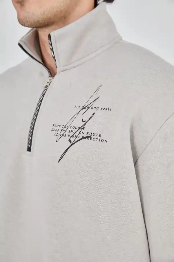 Erkek Yarım Fermuarlı Baskılı 3 iplik pamuklu sweatshirt - Boyalı Gri