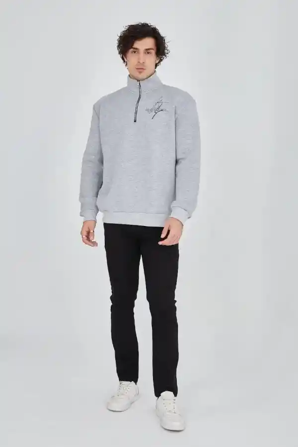 Erkek Yarım Fermuarlı Baskılı 3 iplik pamuklu sweatshirt - Gri