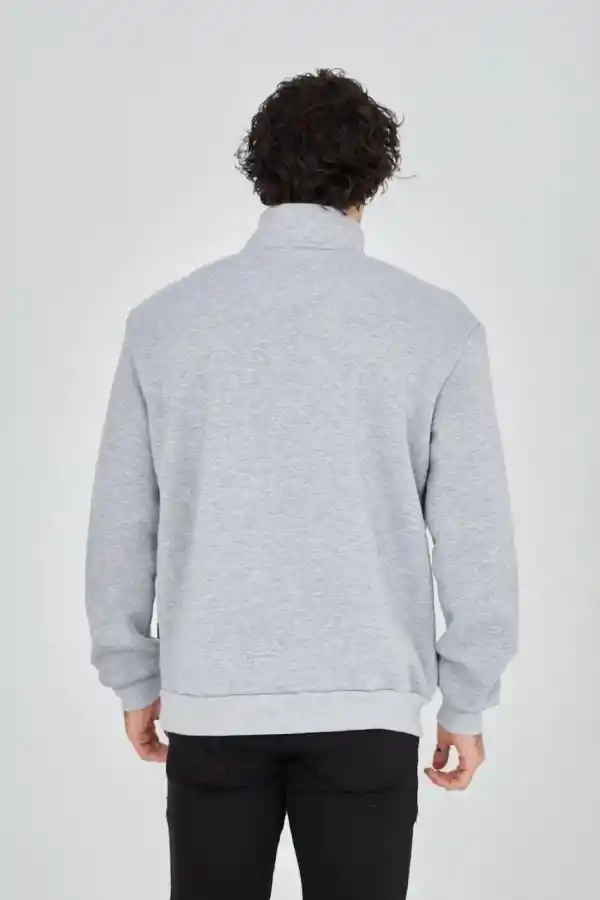 Erkek Yarım Fermuarlı Baskılı 3 iplik pamuklu sweatshirt - Gri