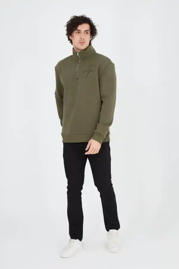 Erkek Yarım Fermuarlı Baskılı 3 iplik pamuklu sweatshirt - Yeşil