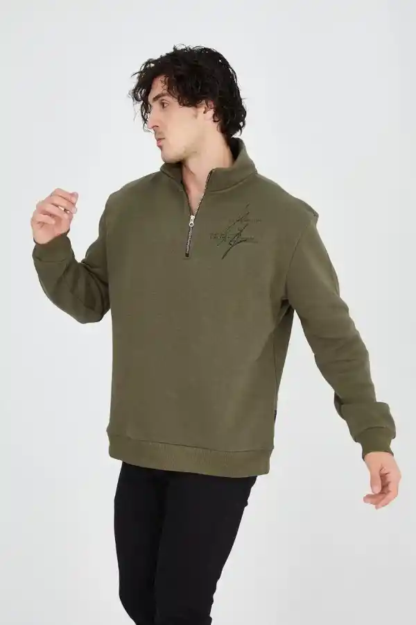 Erkek Yarım Fermuarlı Baskılı 3 iplik pamuklu sweatshirt - Yeşil
