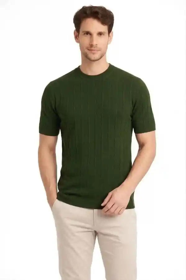 Erkek Yazlık Fitilli Triko Tişört Kısa Kol Bisiklet Yaka T-Shirt - Haki