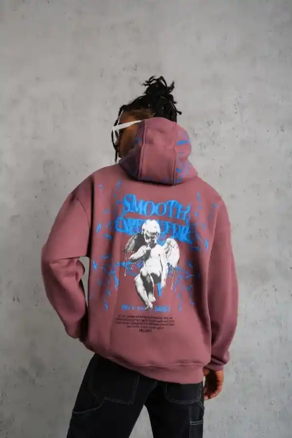 Erkek 3 İplik Pamuklu Kapüşonlu Baskılı Cepli Sweatshirt Hoodie - Gül Kurusu