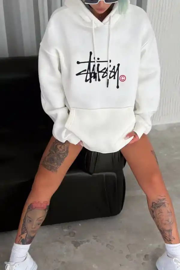 Kadın Oversize Kapüşonlu Cepli Baskılı 3 İplik Pamuklu Hoodie Sweatshirt - Beyaz
