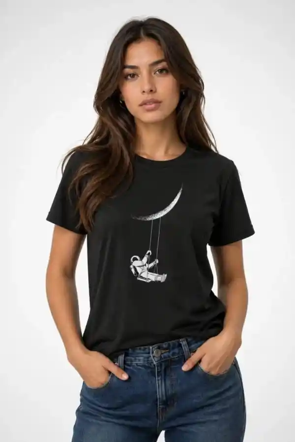 Kadın Astronot Ay Temalı Tişört Kısa Kol Yazlık Bisiklet Yaka T-Shirt - Siyah