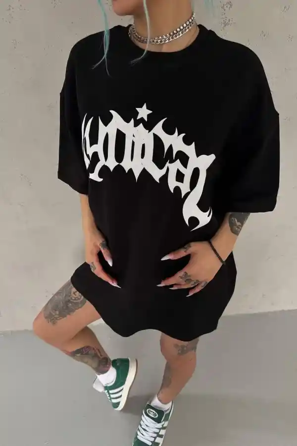 Kadın Baskılı Bisiklet Yaka T-Shirt - Siyah