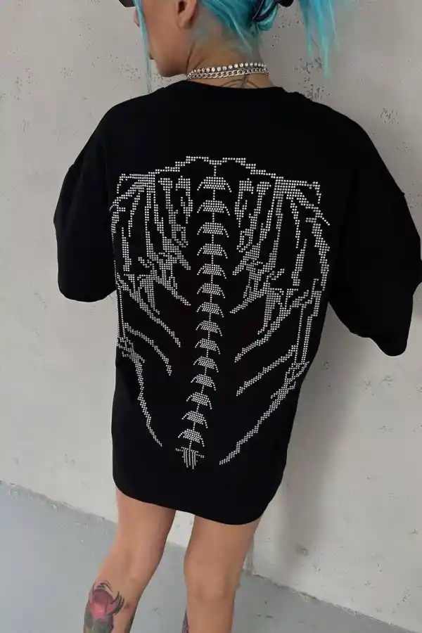 Kadın Baskılı Bisiklet Yaka T-Shirt - Siyah