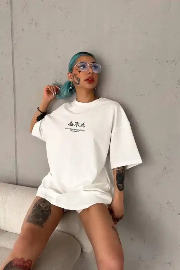 Kadın Baskılı Kısa kol Oversize T-Shirt - Beyaz